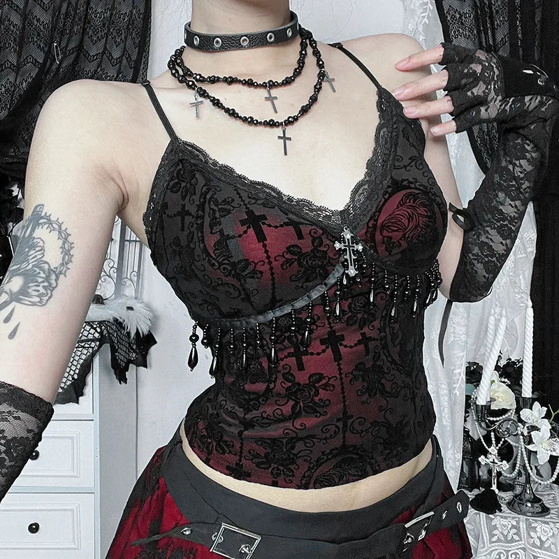 Vintage Mall Gothic Flocking Camisole Women Aesthetic Fairycore Grunge Y2k E-girl Lace Patchwork Beading Crop Tank Tops