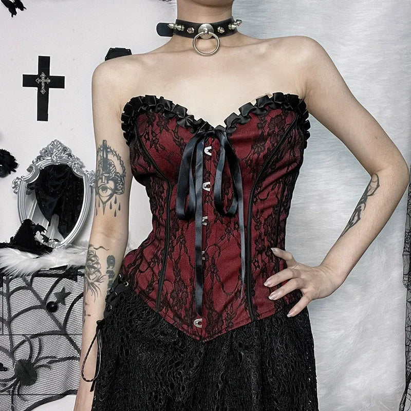 2025 Gothic Women Crop Top Skeleton Printed Black Corset Tops Sexy Aesthetic Grunge Fairy Core 90s Camisole Y2K Clothes