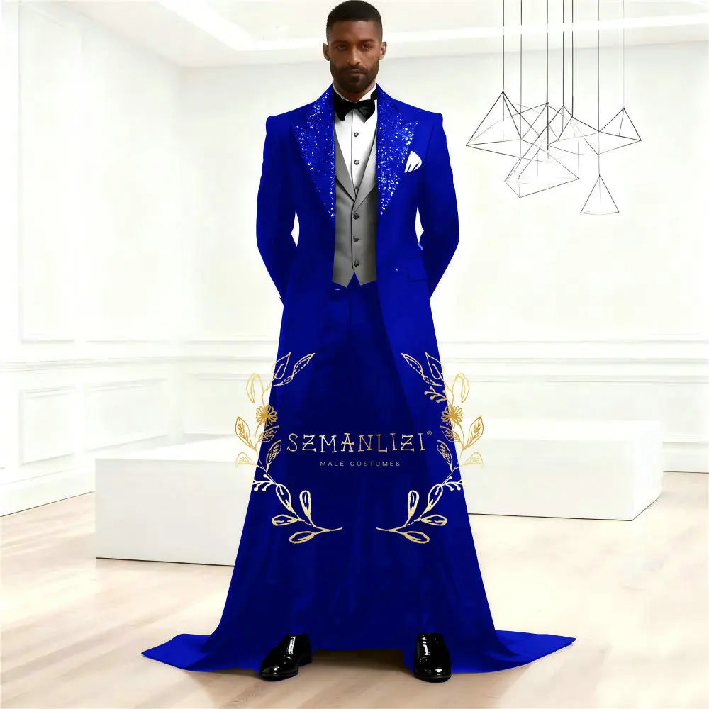 Elegant Men Suit Sets Fashion Black Long Jacket Sequin Lapel Outfits Wedding Evening Dinner Male Blazer Vest Pants 3 Pieces