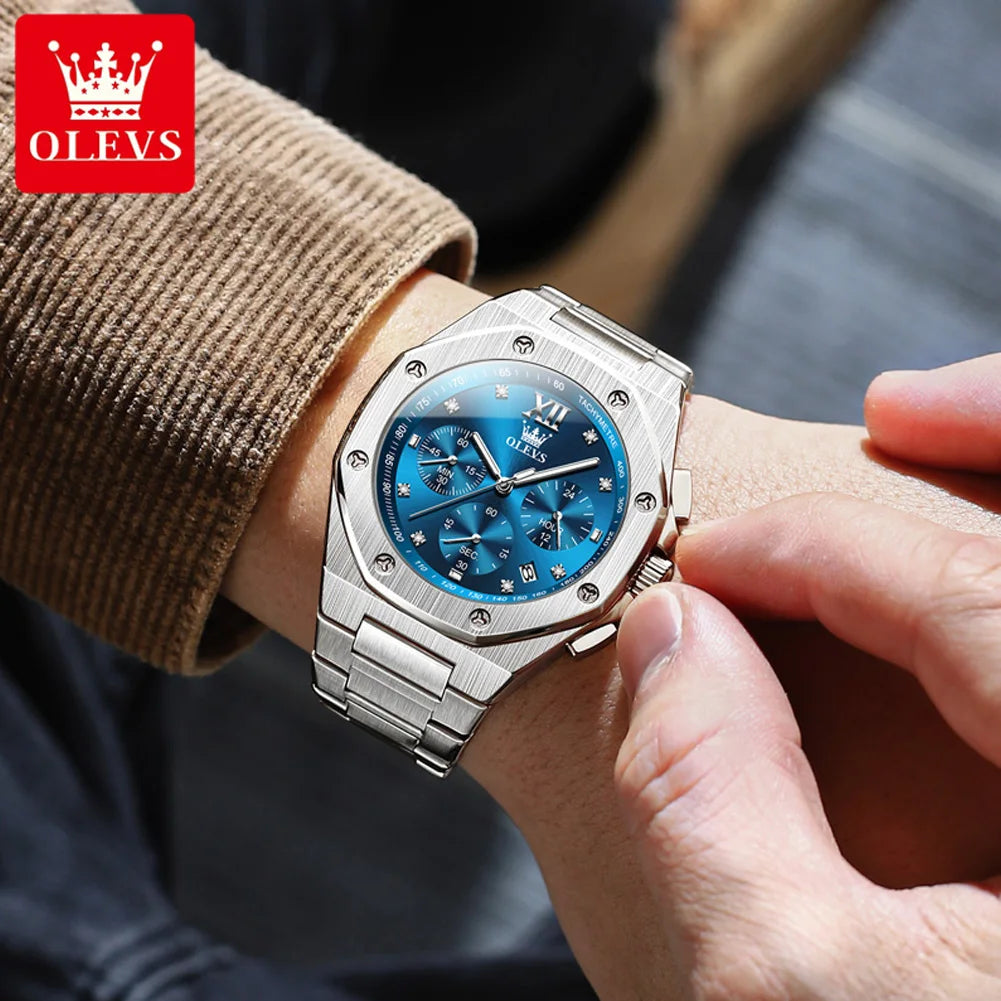 OLEVS 3626 Watches For Men Original Wristwatch Stainless Steel Multifunctional Chronograph Waterproof Luminous Quartz Reloj