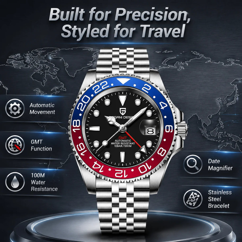 PAGANI DESIGN 40mm Luxury GMT Men Mechanical Watch Top Sapphire Glass 361L Stainless Steel 100m Waterproof Men's Automatic Mechanical Watches