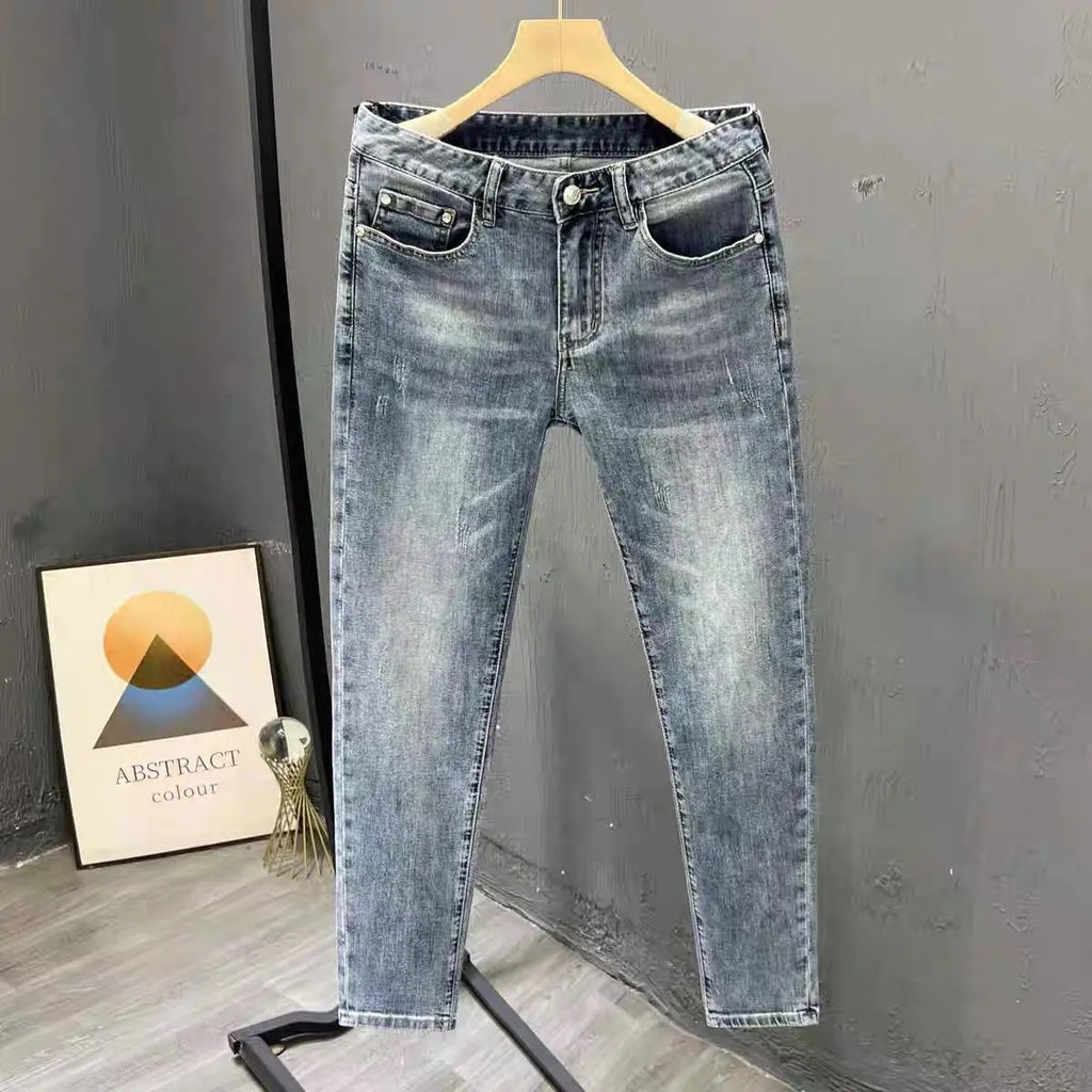 Korean Climate Lot Pants Light Luxury Trendy Brand Embossed Blue Jeans Men's  Handsome Slim-fit Small Feet Elastic Trousers New