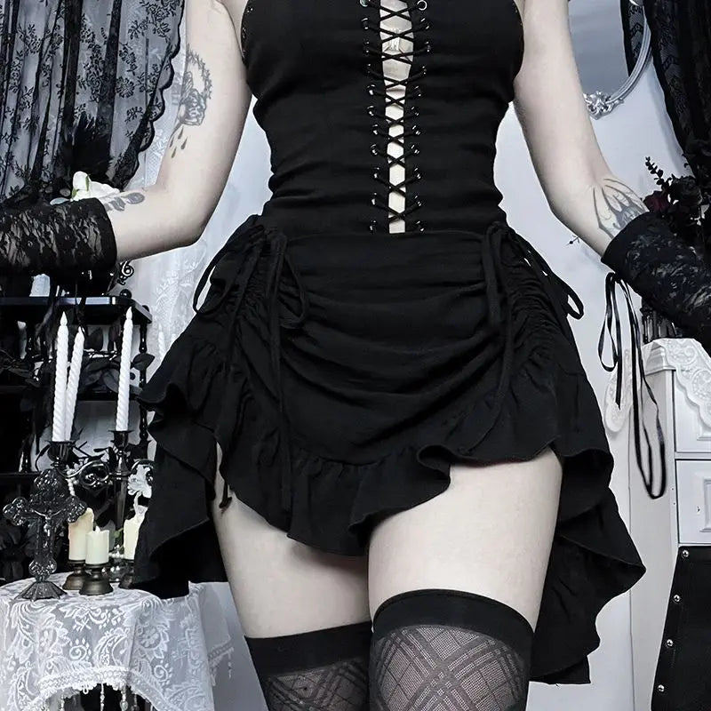 Gothic Punk Lolita Dark Style Summer Skirt Japanese Girls 2026 New Sweet Ruffles Halloween Multi-layer Retro Solid Color Skirts