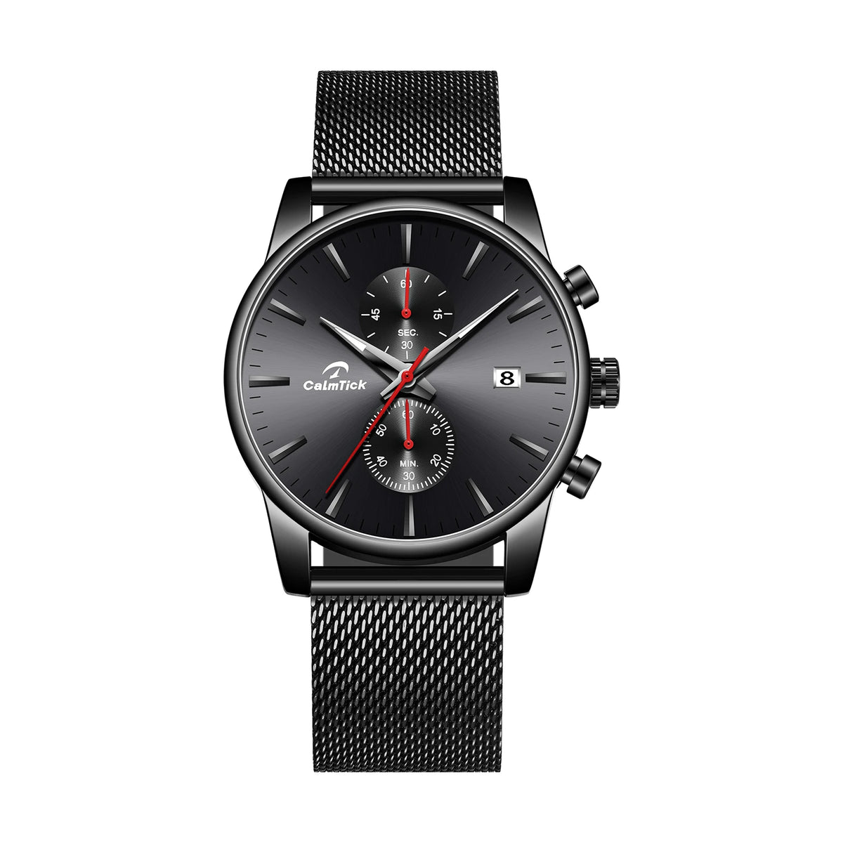 CalmTick Fashion Business Pointer Quartz Watch with Stopwatch Luminous Waterproof Metal Strap
