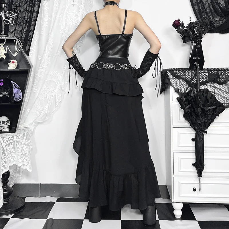 Goth Dark Kawaii Black Tiered Skirts 90S Retro Irregular Hem Party Bottoms Mall Gothic Women Fashion Dragging Skirt Alt Clothing