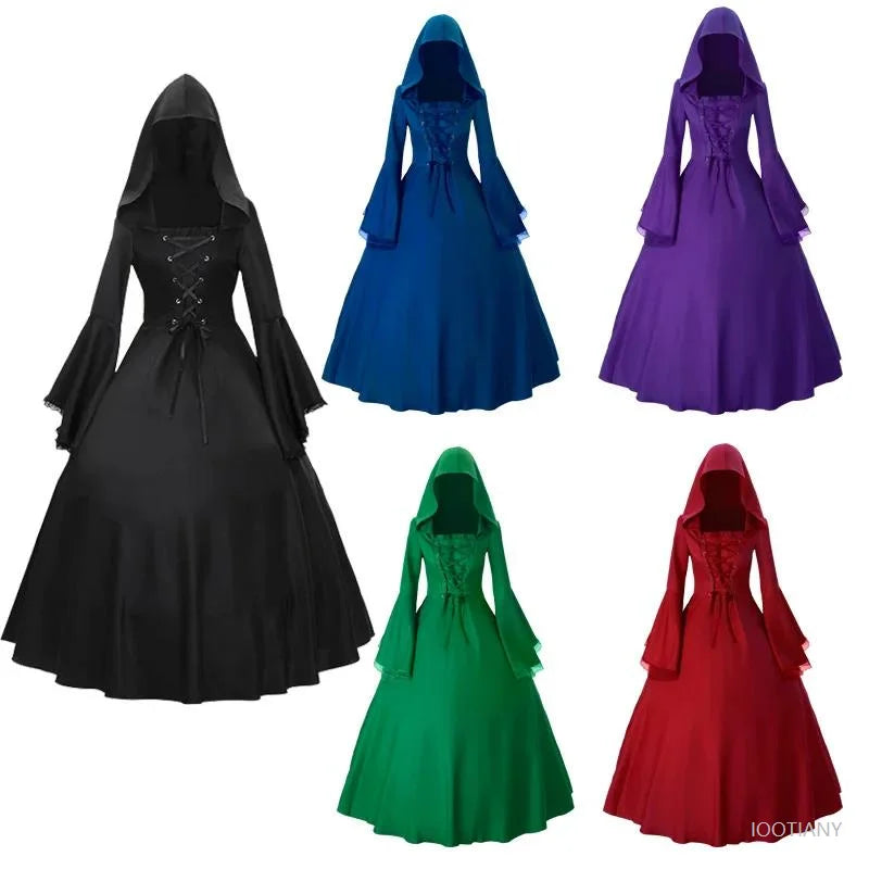 Gothic Medieval Dress Retro Fashion Big Swing Long Sleeve Tie Waist Hooded Dress Lace Trumpet Sleeve Dress Halloween Costume