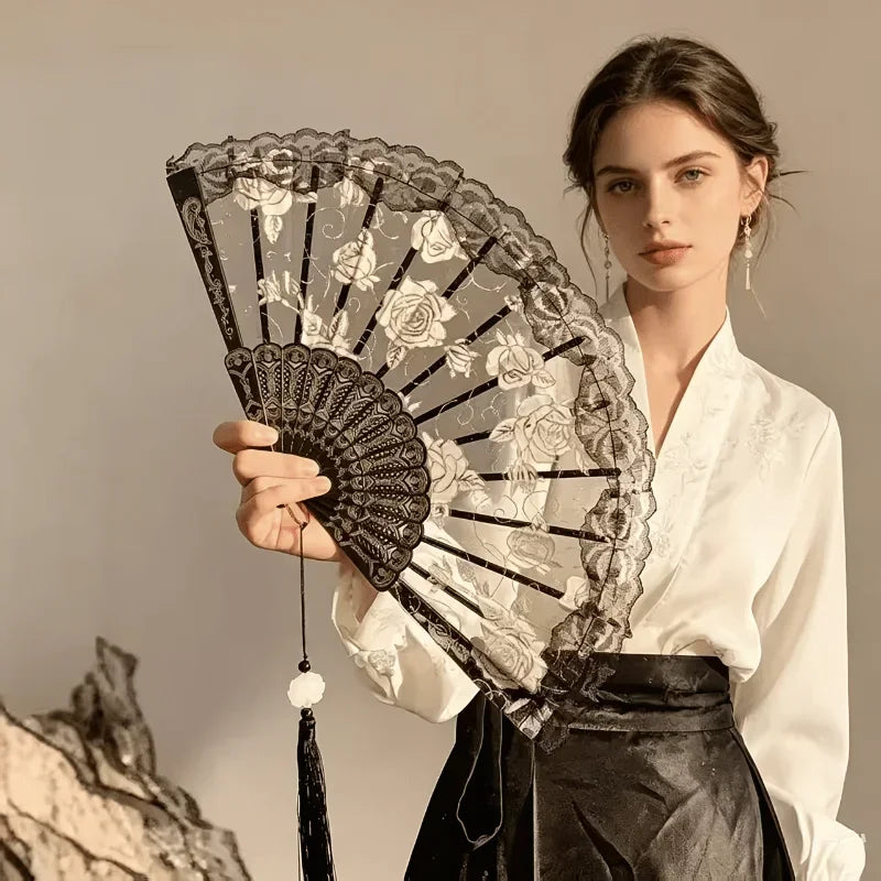 Gothic Rose Lace Folding Hand Fan Vintage Floral Foldable Fan with Tassel Retro Lolita Handheld Fan Wedding Party Cosplay