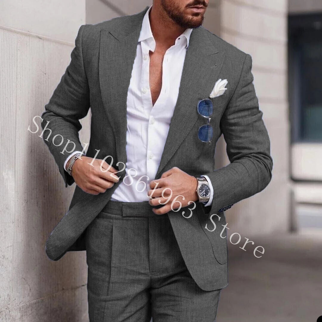 2023 White Linen Suits For Men Slim Fit Peak Lapel 2 Pieces Best Men Groom Wear Wedding Tuxedos Blazer+Pants Trajes De Hombre