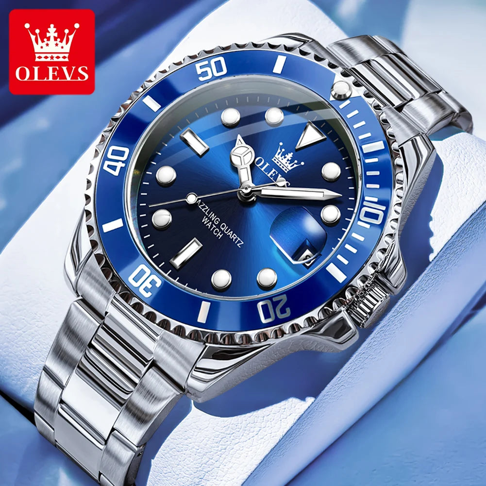 OLEVS Men's Watches Classic Luxury Fine Steel Strap Big Date Original Quartz Wristwatch for Man Waterproof Luminous Trend Dress