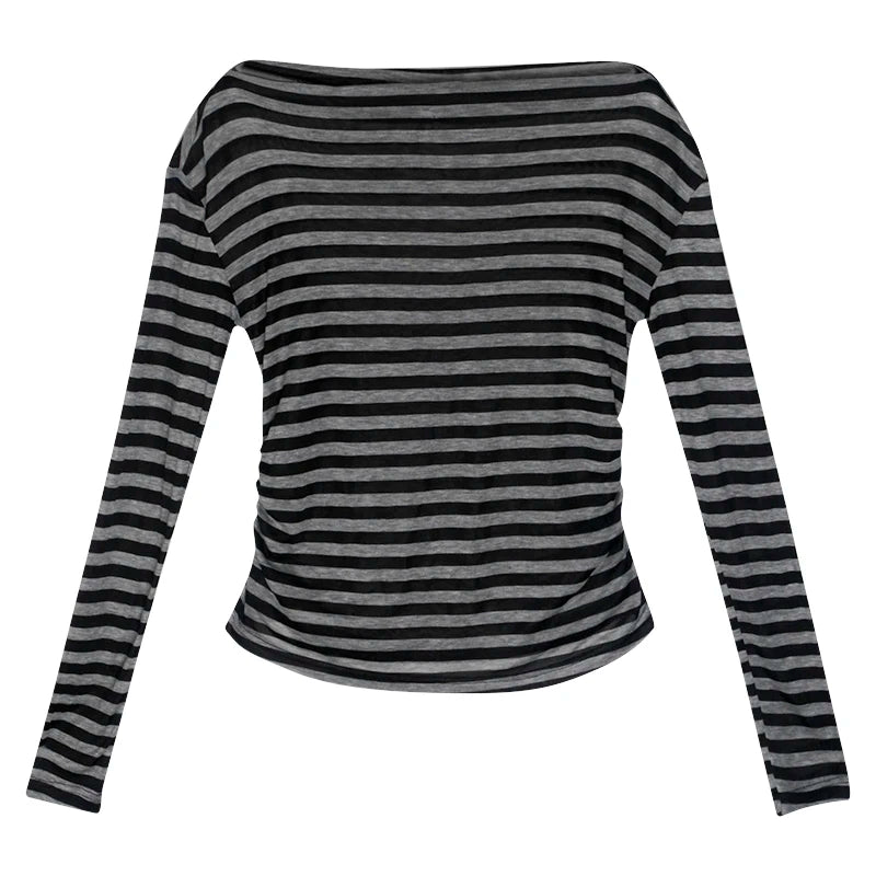Y2k Japanese T Shirt Women Long-Sleeved Striped Off Shoulder Tops Streetwear 2000s Aesthetic Tshirts Korean Street Retro Top Tee