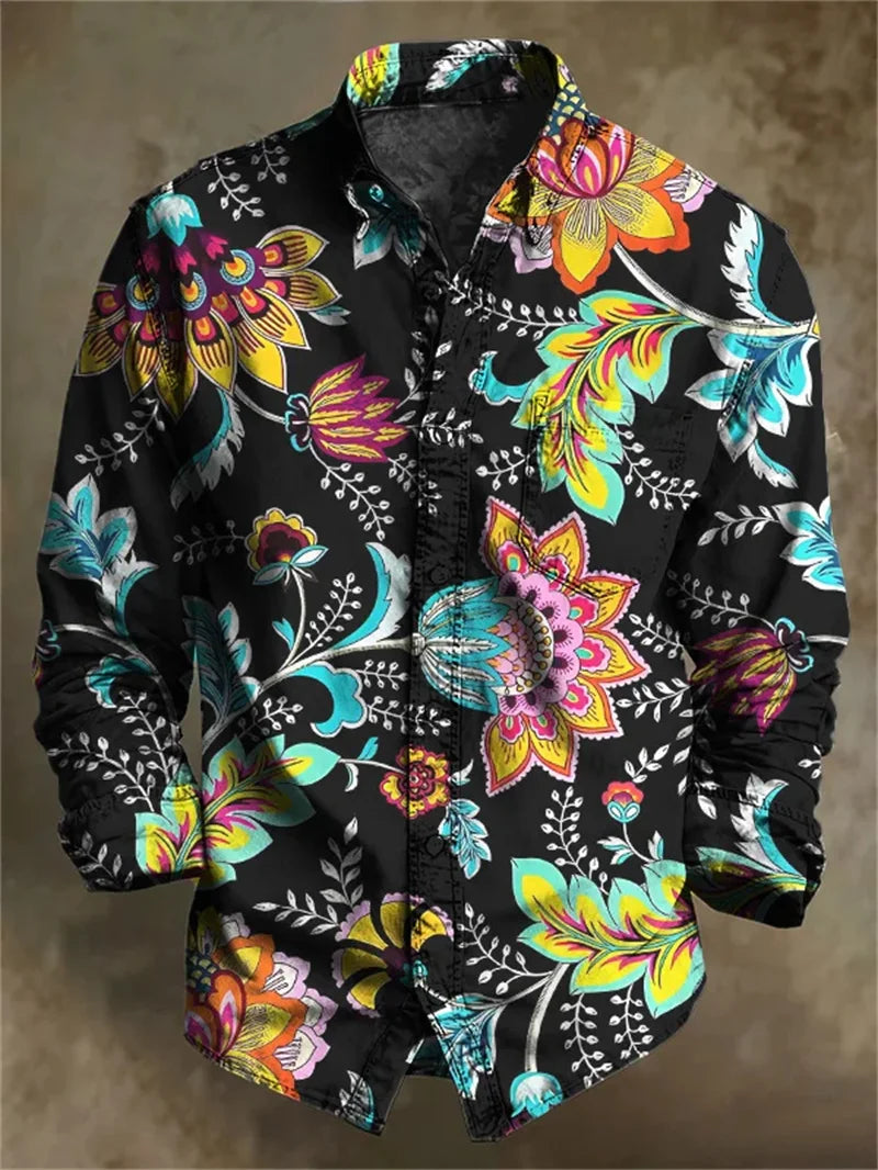 New Men's White Rose Pattern 3D Printed Shirt, High-Quality Casual and Fashionable Long Sleeved Shirt, Lapel Top