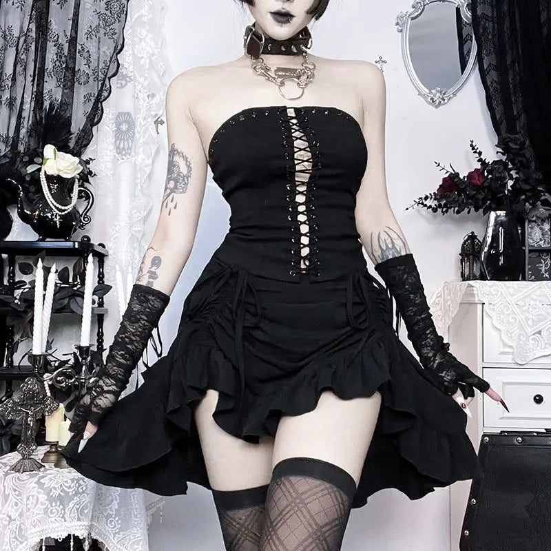 Gothic Punk Lolita Dark Style Summer Skirt Japanese Girls 2026 New Sweet Ruffles Halloween Multi-layer Retro Solid Color Skirts