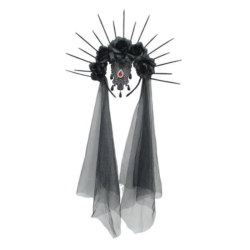 Gothic halo crown, flower headband, black veil. Sunburst Spike crown accessory for ladies Halloween costume hair accessory