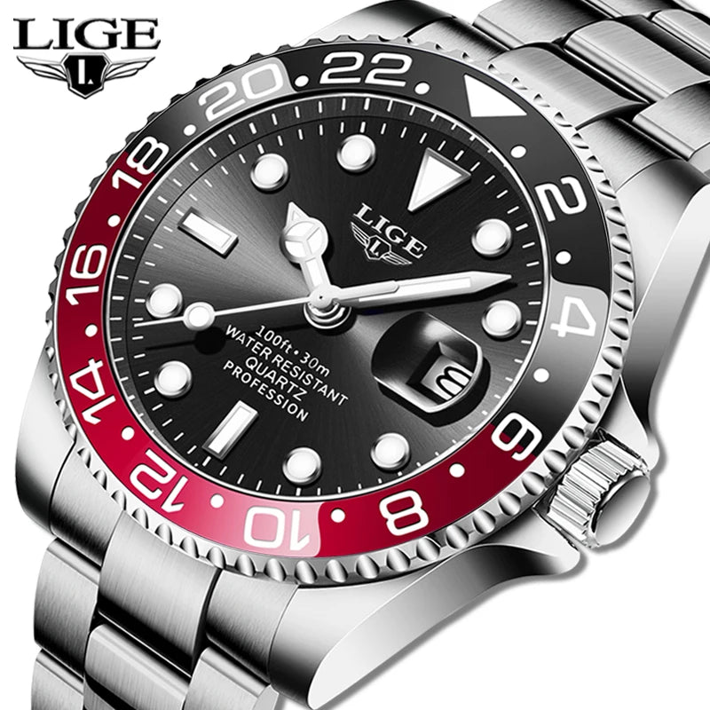 LIGE Top Original Men Quartz Watches Blue Waterproof Watch for Men Stainless Steel Quartz Men Luxury Watch Luminous Wristwatch