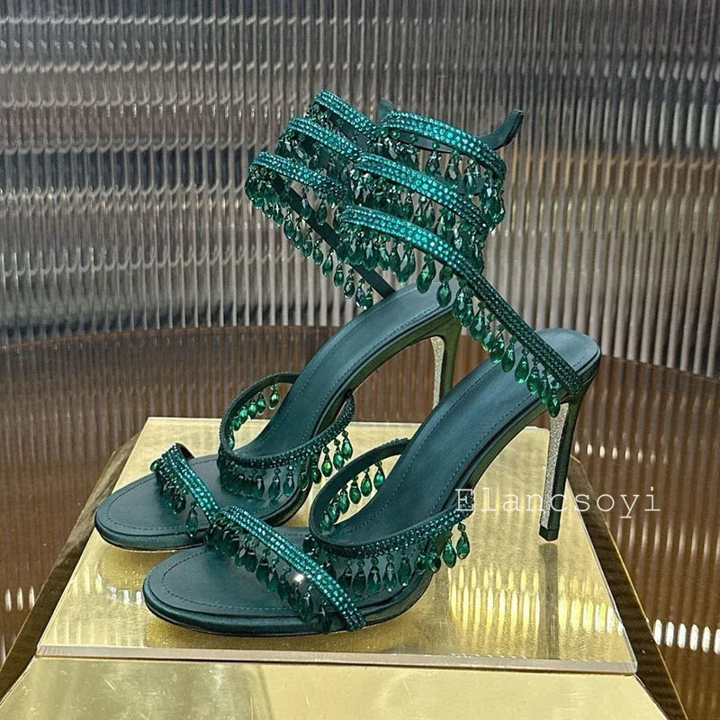 High Heels Sandals Women Shiny Crystal Pendant Ankle Snake Twine Around Prom Shoes Summer Fashion Stiletto Bohemian Sandalias