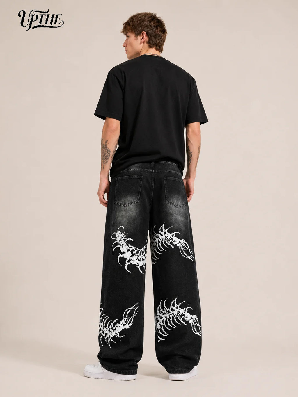 UP.THE Men Black Faded Baggy Wide Leg Jeans, Y2K Oversized Loose White Centipede Skeleton Print Denim Pants, Gothic Grunge Streetwear Trousers for Daily Outfits
