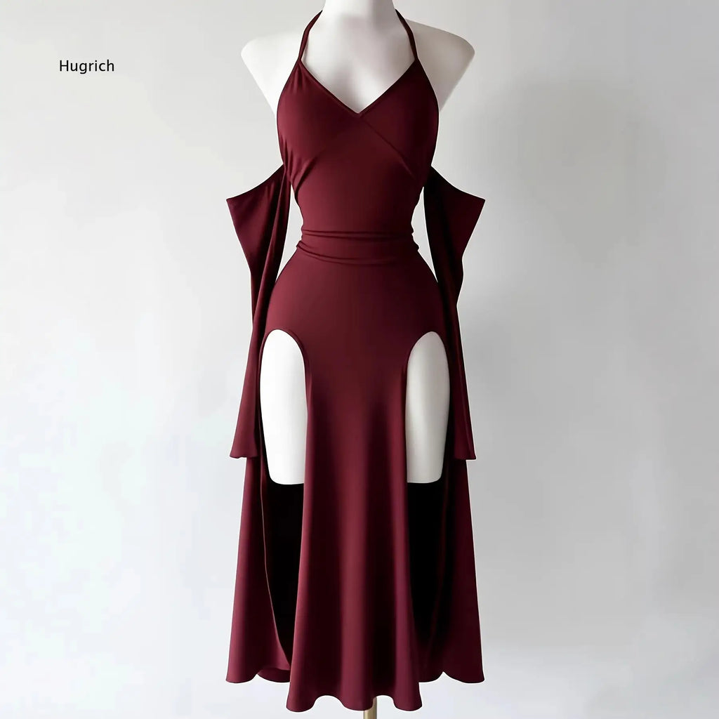 Gothic Halter Off Shoulder Dress For Women High Slit Hollow Out Design Long Gown Unique Stylish Dress For Party And Night Event
