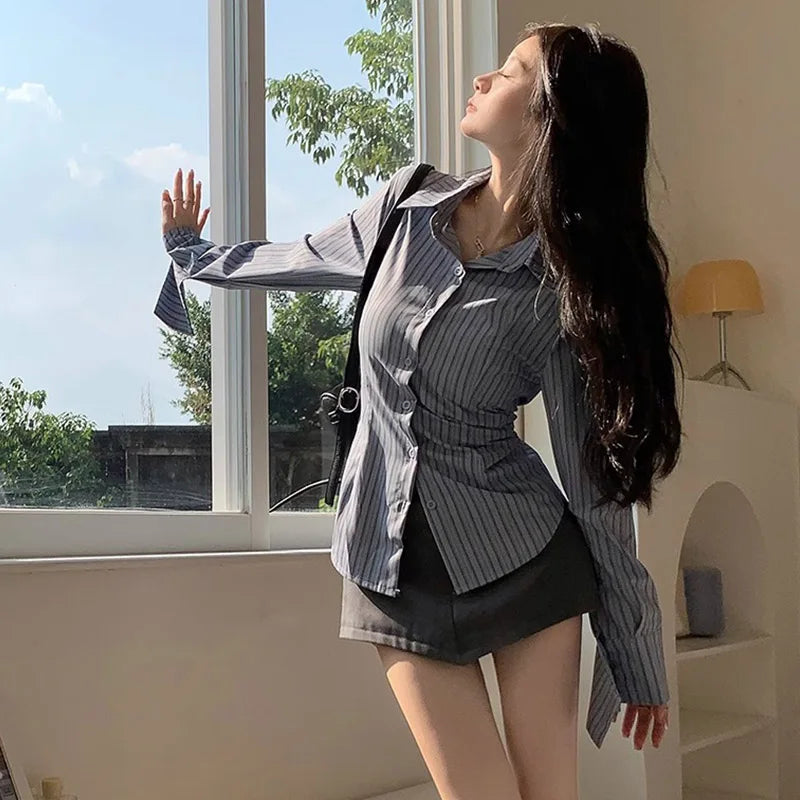 Y2k Striped Shirt Women Long Sleeve Designed Button Up Tops Blue Korean Vintage Ladies Streetwear Slim Elegant Chic Blouses