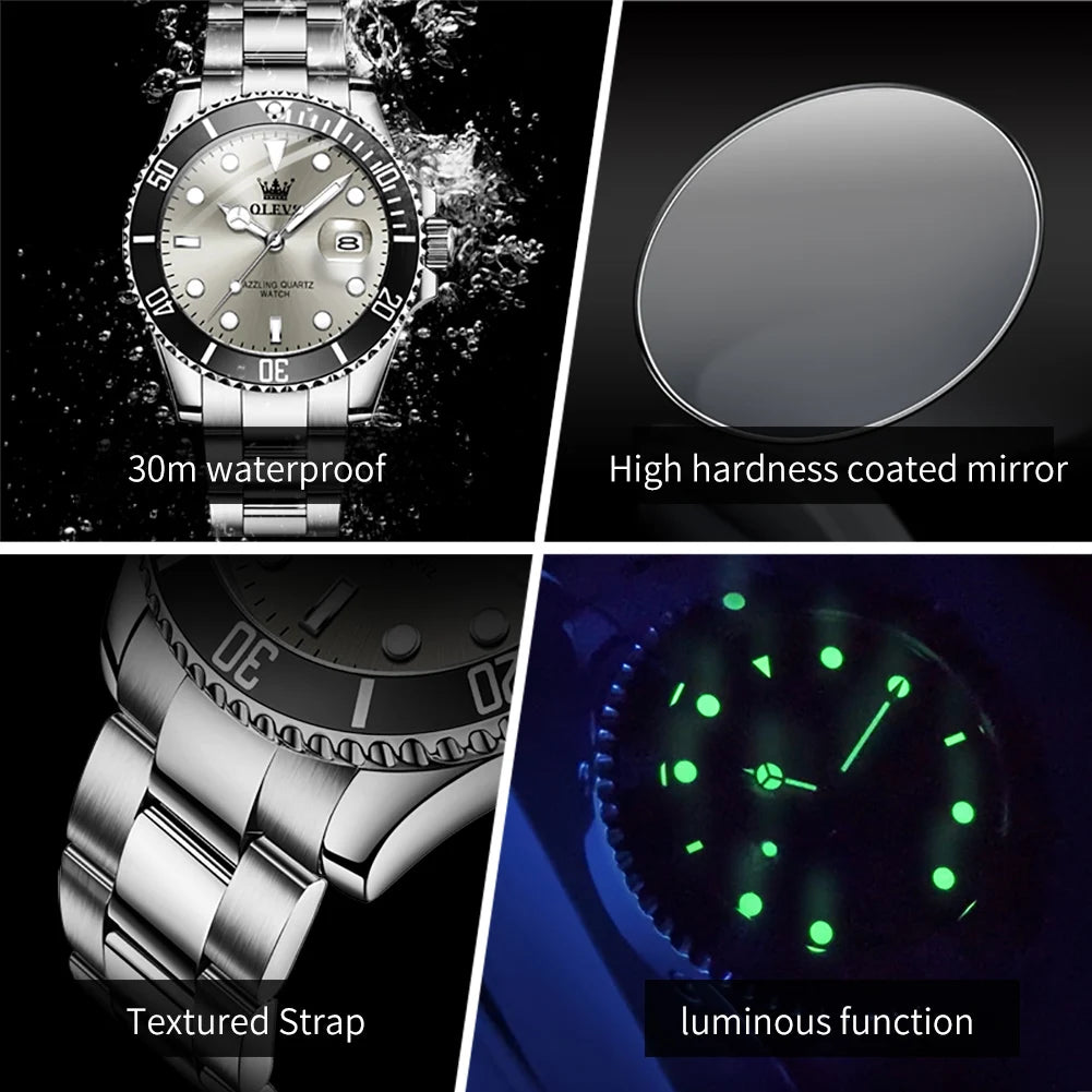 OLEVS Men's Watches Classic Luxury Fine Steel Strap Big Date Original Quartz Wristwatch for Man Waterproof Luminous Trend Dress