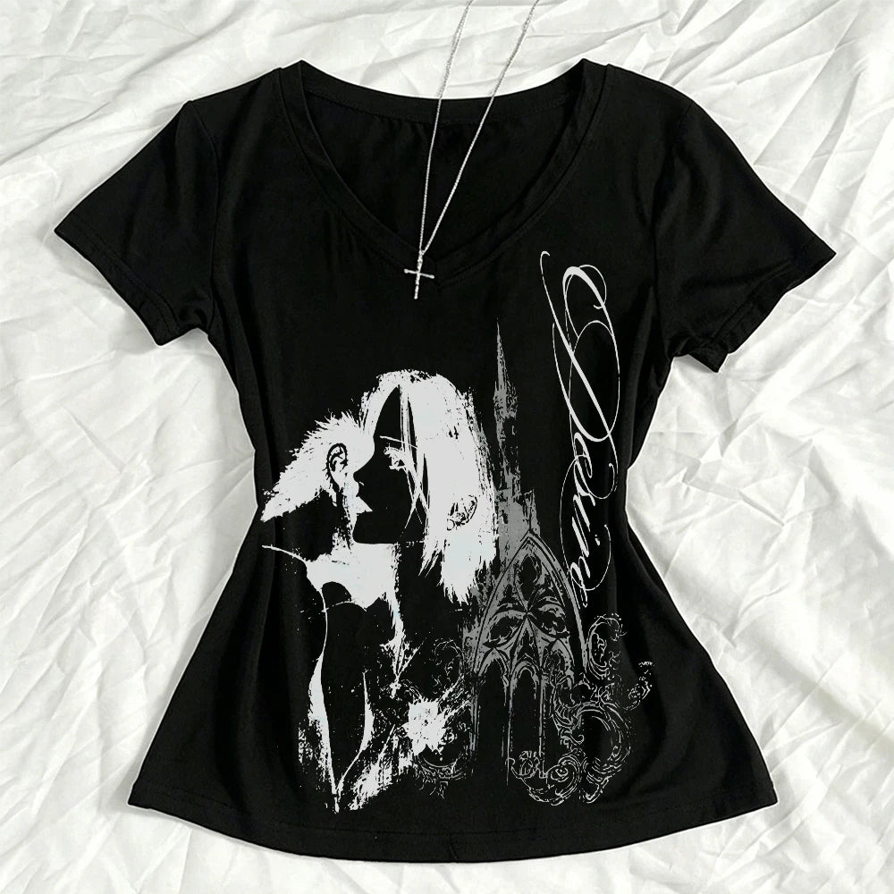 Japanese Y2k Kitty Women's V-neck 2000s Top Emo Women's T-shirt Gothic Pattern T-shirt Y2k Women's Top
