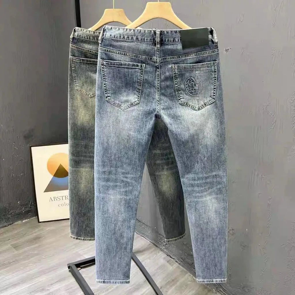 Korean Climate Lot Pants Light Luxury Trendy Brand Embossed Blue Jeans Men's  Handsome Slim-fit Small Feet Elastic Trousers New