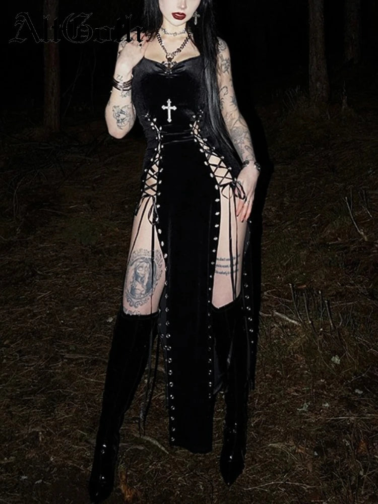 AltGoth Gothic Dark Velvet Dress Women Sexy Streetwear Y2k E-girl Harajuku Grunge High Waist Split Lace-up Party Dress Female