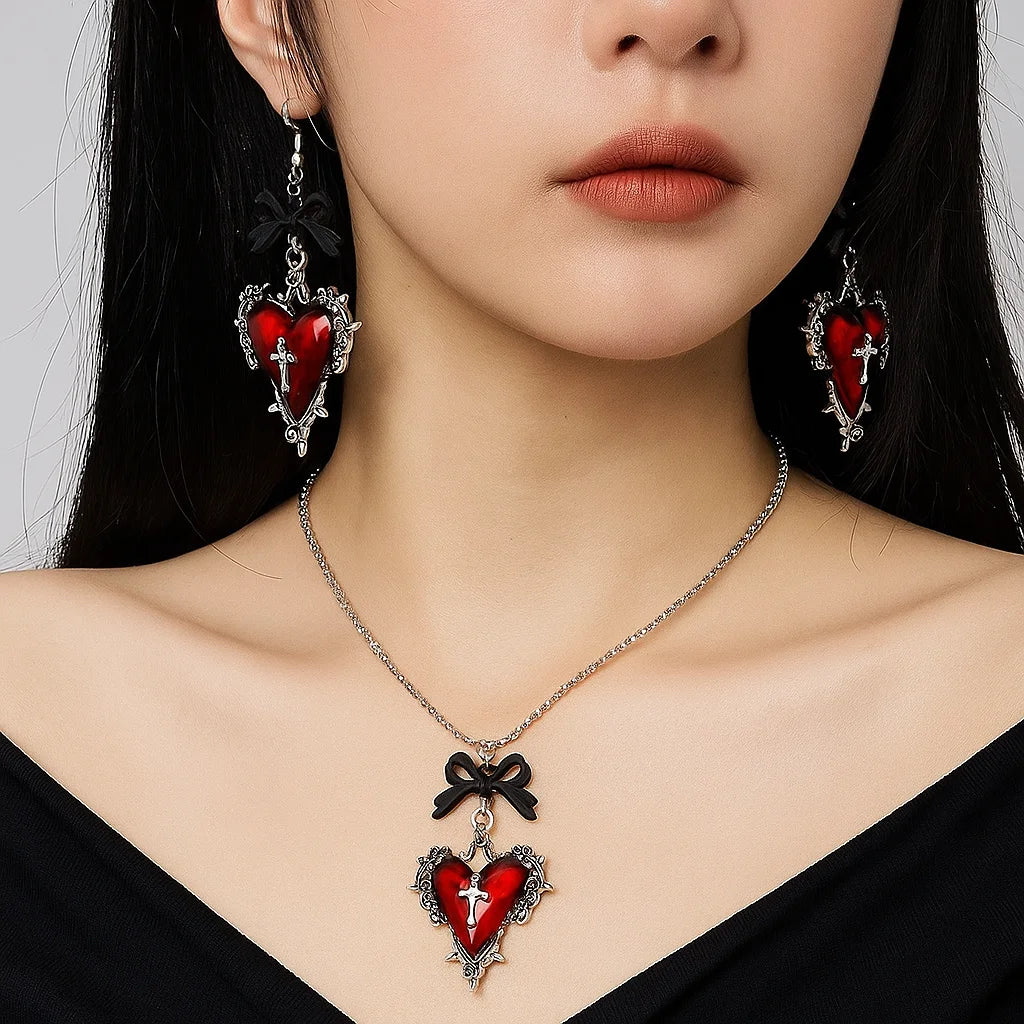 Gothic Cross Heart Necklace For Women Fashion Pagan Witchcraft Jewelry Accessories Gift Bow Bramble Rose Heart Pendant Choker