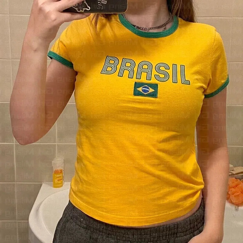 Y2k Women's T-shirt Embroidery Brazil Alphabet Print Baby Tee 2023 Aesthetic Kawaii Fashion Crop Tops Harajuku Short Sleeve Emo