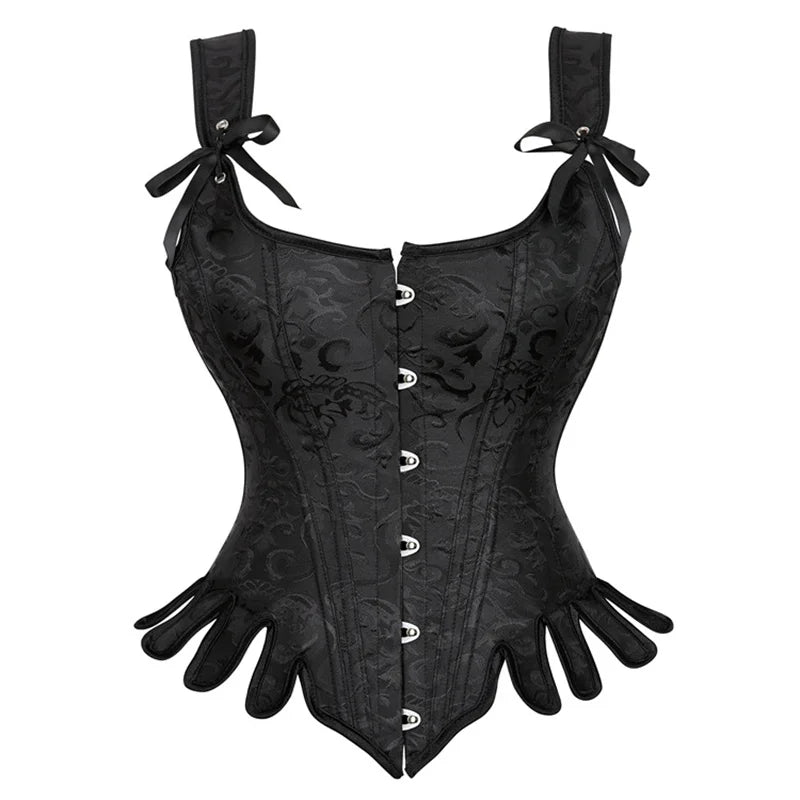 Women Corset Top with Shoulder Strap Gothic Black Blue Lace Up Overbust Embroidery Bustier Vest Renissance Costume
