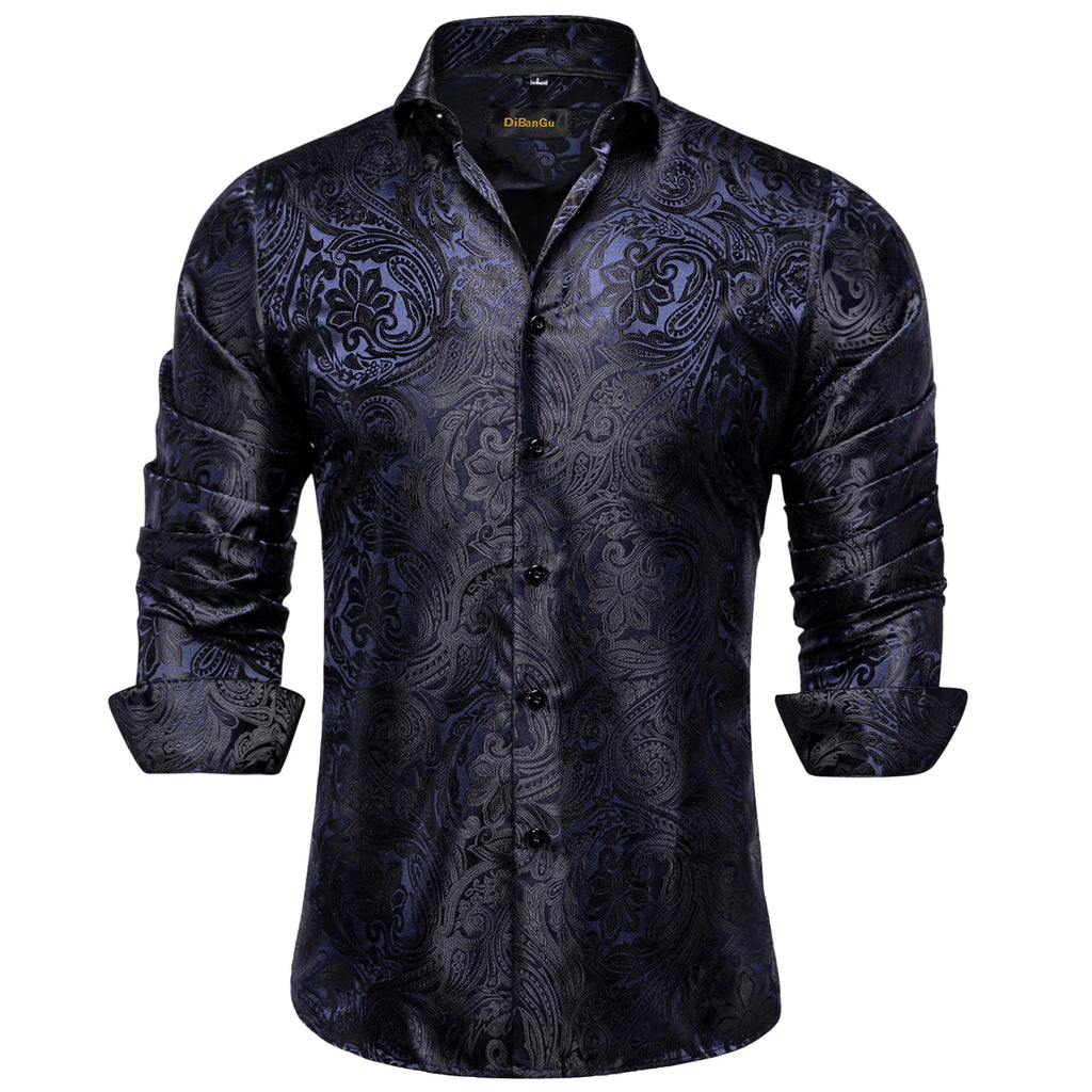 Men's Long Sleeve Black Paisley Dress Shirts Casual Tuxedo Social Shirt Luxury Designer Men Clothing