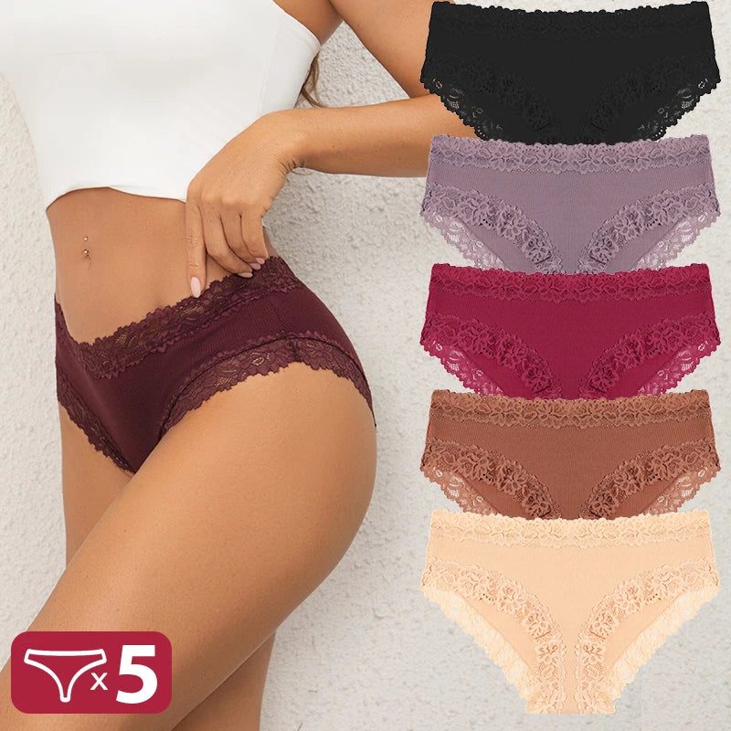 5Pcs Sexy Cotton Lace Panty Women Low Waist Panties Underwear S-XL Solid Color Ladies Briefs Lingere Underware Comfortable Women