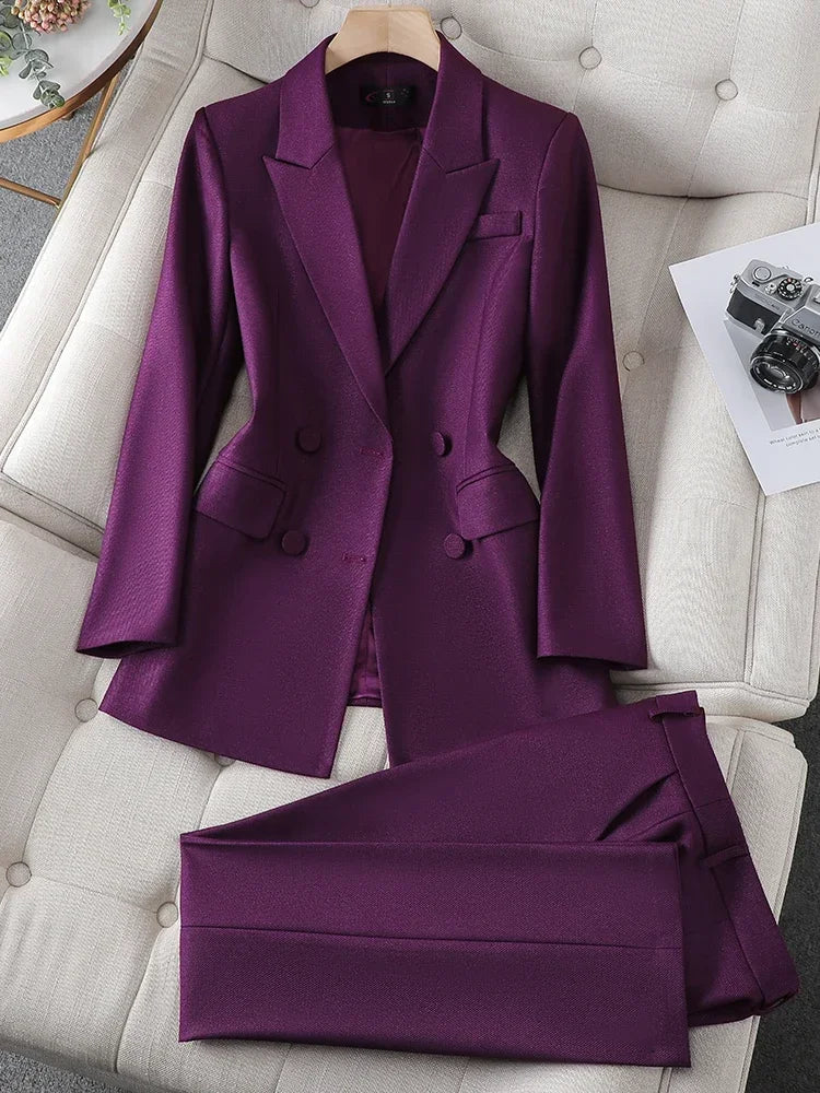 Ladies Business 2 Piece Blazer Set Female Long Sleeve Jacket + Trouser Women Pant Suit Blue Purple Black Office Work Wear 5XL