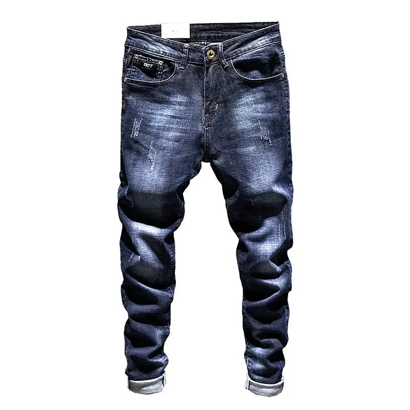 American Elastic Straight Jeans Men Ripped Worn-out Slim-fit Cotton Denim Pants Korean Style Fashion Trousers Men's Clothing