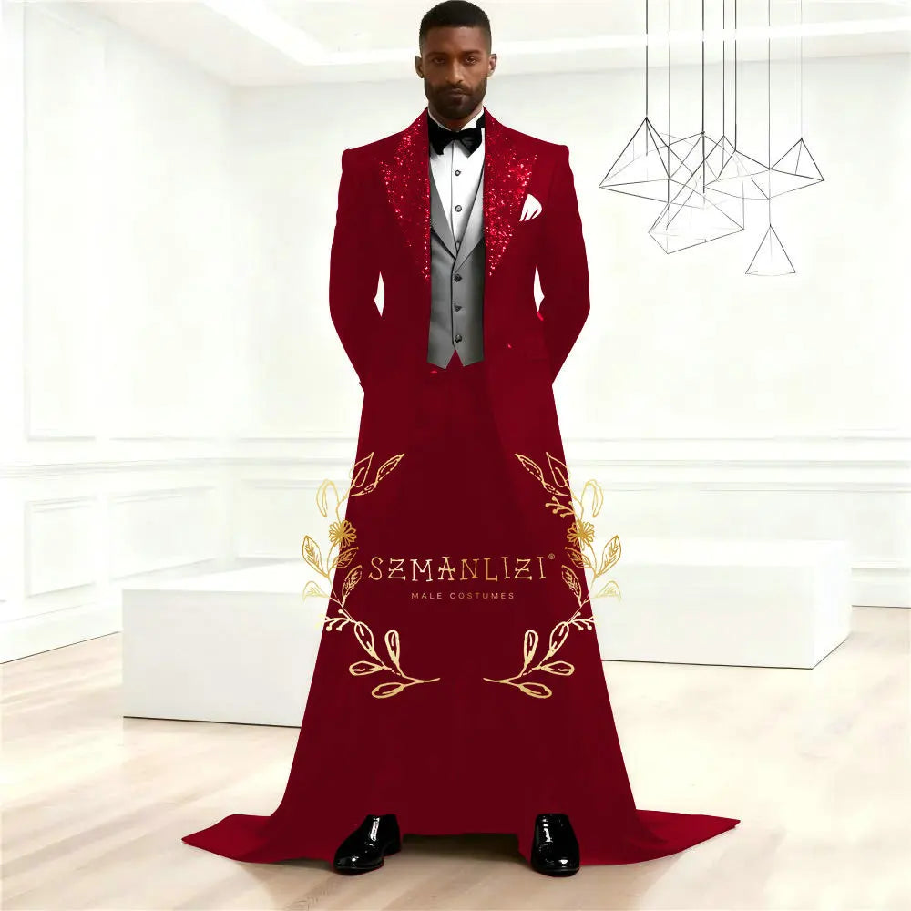 Elegant Men Suit Sets Fashion Black Long Jacket Sequin Lapel Outfits Wedding Evening Dinner Male Blazer Vest Pants 3 Pieces