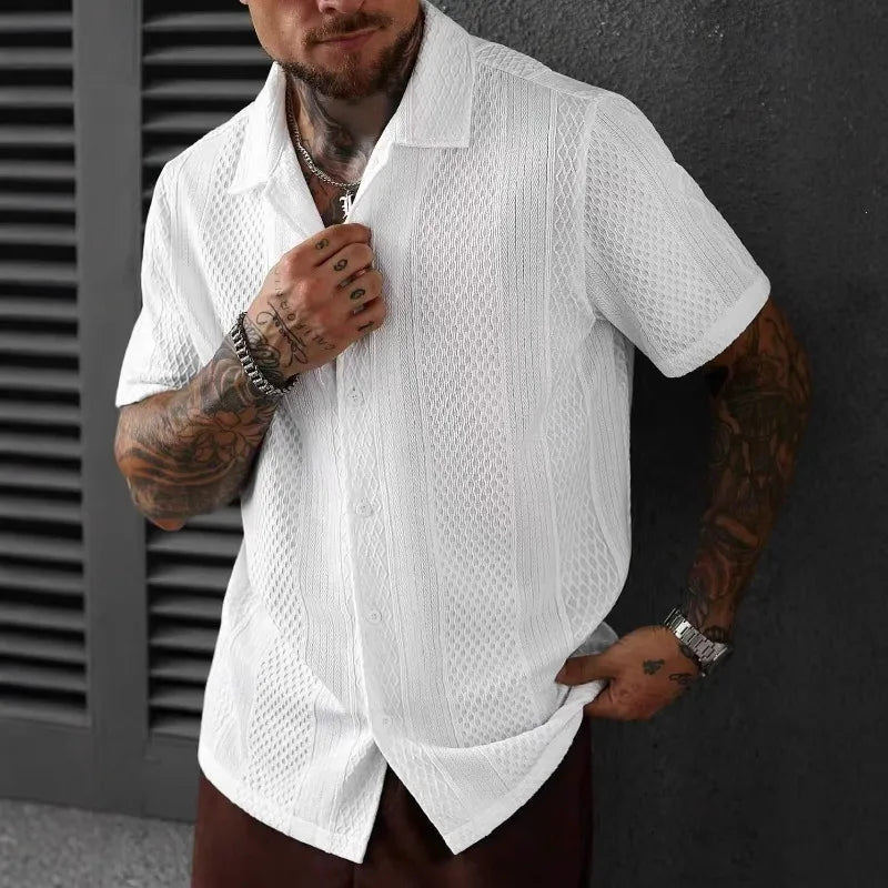 Men's White Hollow Knit Short Sleeve Shirt Summer Breathable French Loose Fit Casual Streetwear Top Lightweight