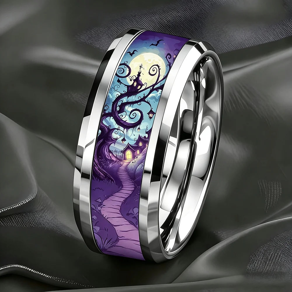 Vintage Gothic Halloween Castle Moon Bat Ring Hiphop Stainless Steel Rings For Men Wedding Party Jewelry Valentine's Day Gift