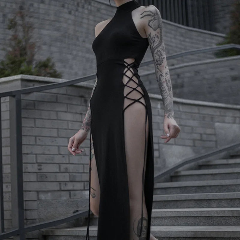 Gothic Halter Slim Midi Dress Dark Cosplay High Split Bandage Y2K Black Grunge Style Alt Partywear Sexy Women's Gothic Dress