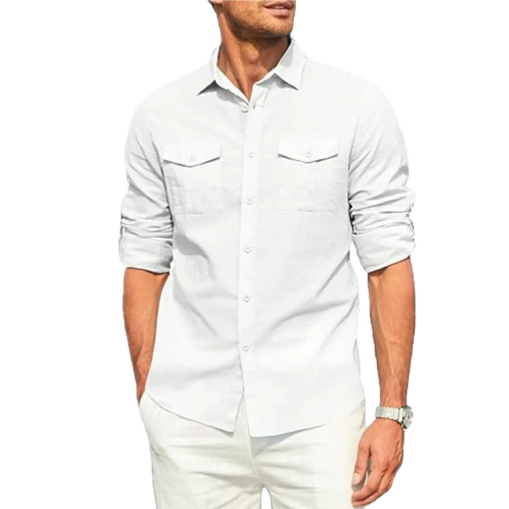 Men's Shirt Double Pocket Cotton Linen Long Sleeve Shirt Casual Holiday Shirt Simple Lapel Solid Cargo Shirts Tops Blouses