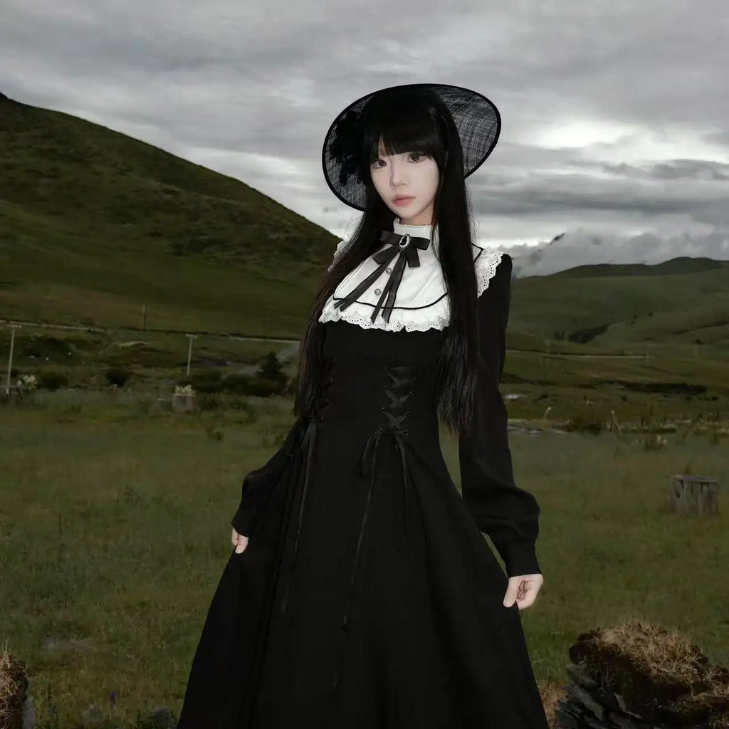 Gothic Vintage Midi Dress Women Party Kawaii Lolita Bow Dresses New Harajuku Lace Patchwork dress Vestidos