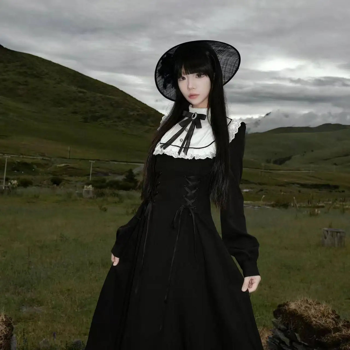 Gothic Vintage Midi Dress Women Party Kawaii Lolita Bow Dresses New Harajuku Lace Patchwork dress Vestidos