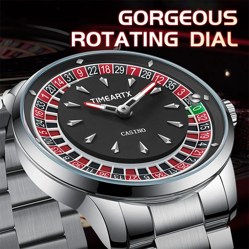 TIMEARTX Men's Watch New European Roulette Design Poker Game Fashion Quartz Movement Stainless Steel Wristwatch Father Day Gifts