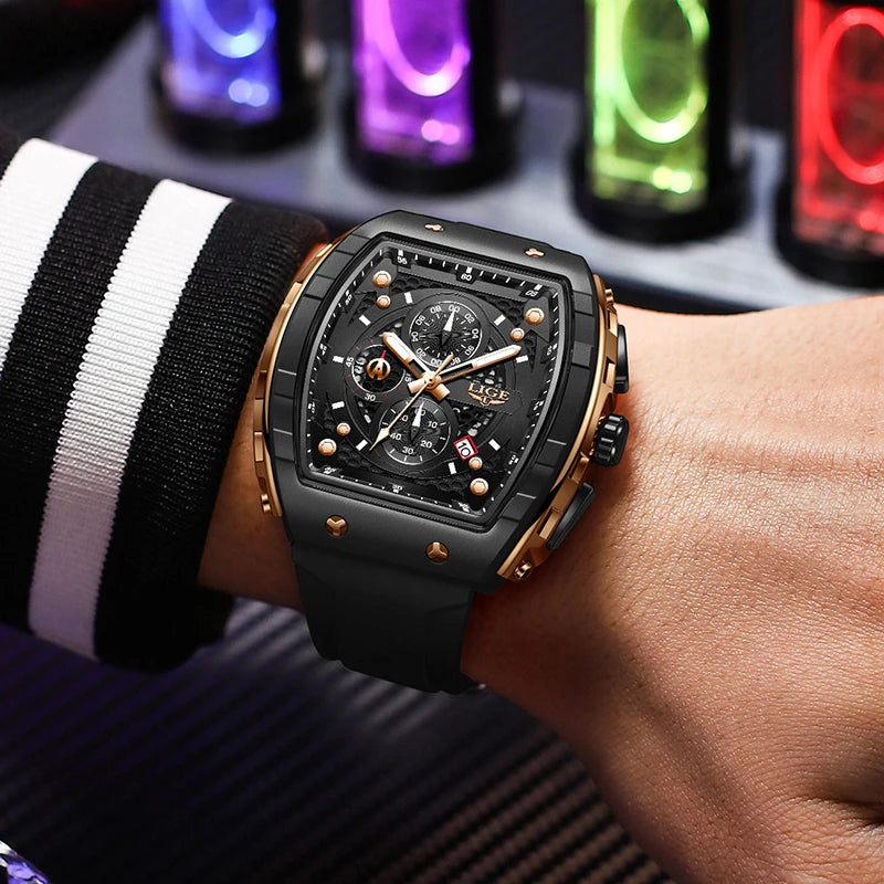 LIGE Man Watch Fashion Luxury Waterproof Silicone Strap Quartz Men's Watches Luminous Sports Auto Date Chronograph Simple Clocks