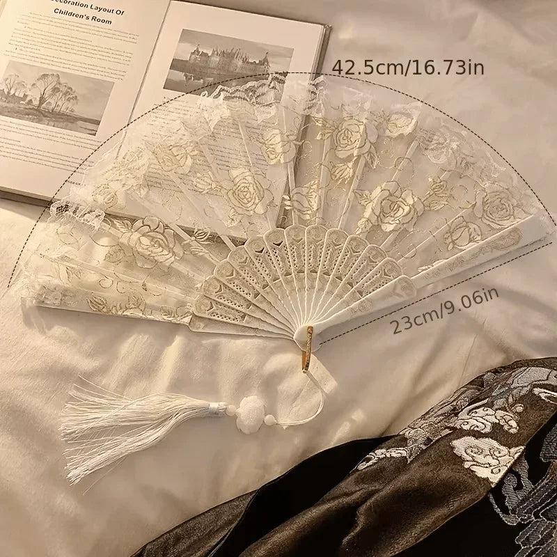 Gothic Rose Lace Folding Hand Fan Vintage Floral Foldable Fan with Tassel Retro Lolita Handheld Fan Wedding Party Cosplay