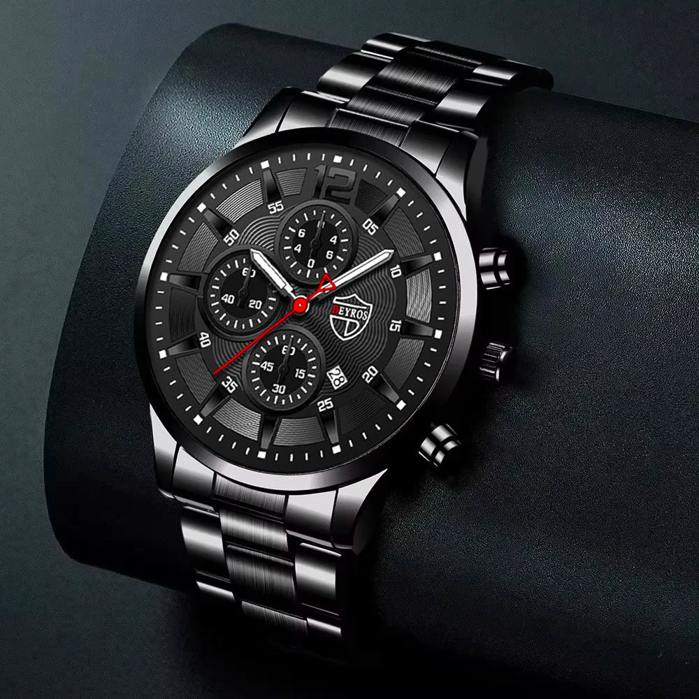 4pcs Classic Black Men's Watch Quartz Watches Are Suitable for Everyday Wear