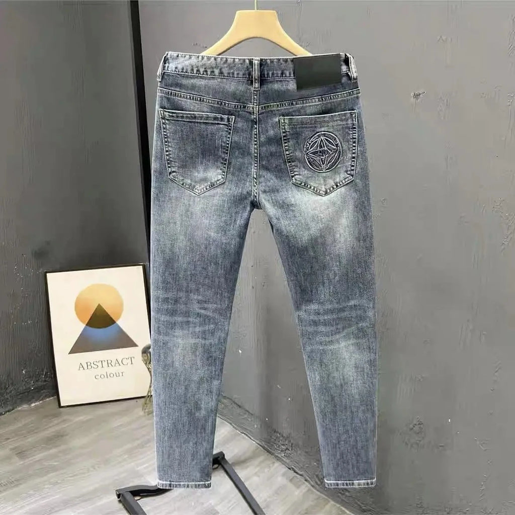 Korean Climate Lot Pants Light Luxury Trendy Brand Embossed Blue Jeans Men's  Handsome Slim-fit Small Feet Elastic Trousers New