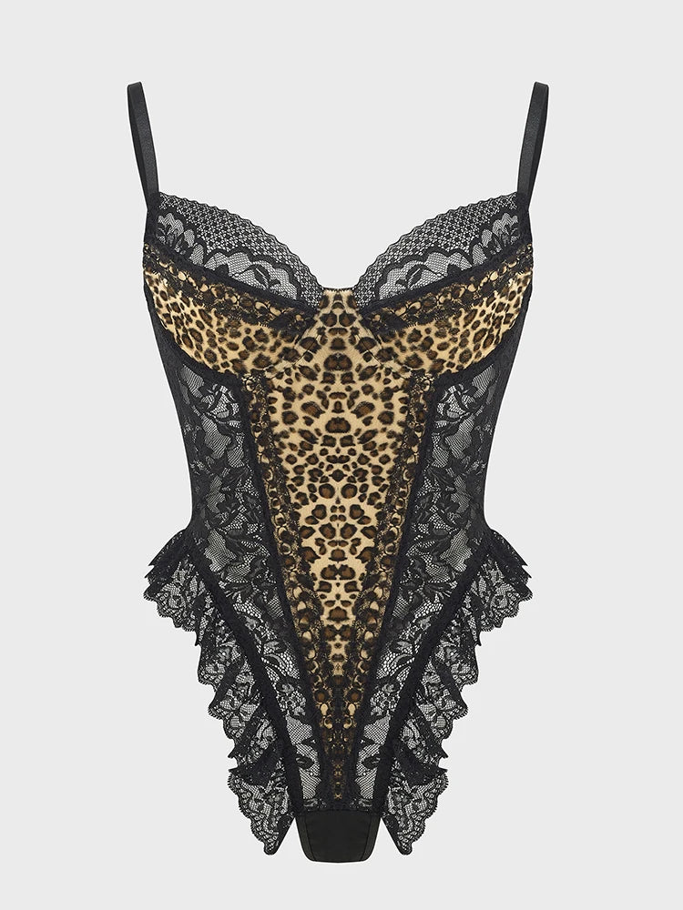 Sexy Lace Leopard Pattern Bodysuits Vintage Chic Slim Top Clothing Female Spaghetti Strap Sleeveless Backless Adult Shaper