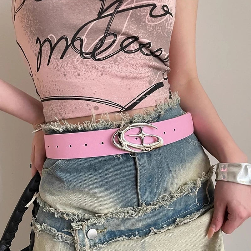 Gothic Punk Cross Buckle Waist Belt Y2K Metal Star Clasp Belts PU Leather Adjustable Strap Edgy Style Accessory for Women Men