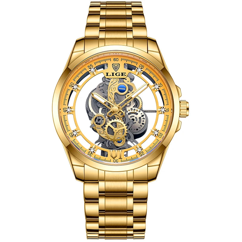 2026 LIGE Men Watch Skeleton Automatic Quartz Watch Gold Skeleton Vintage Man Watch Mens Watches Top Brand Luxury часы мужские