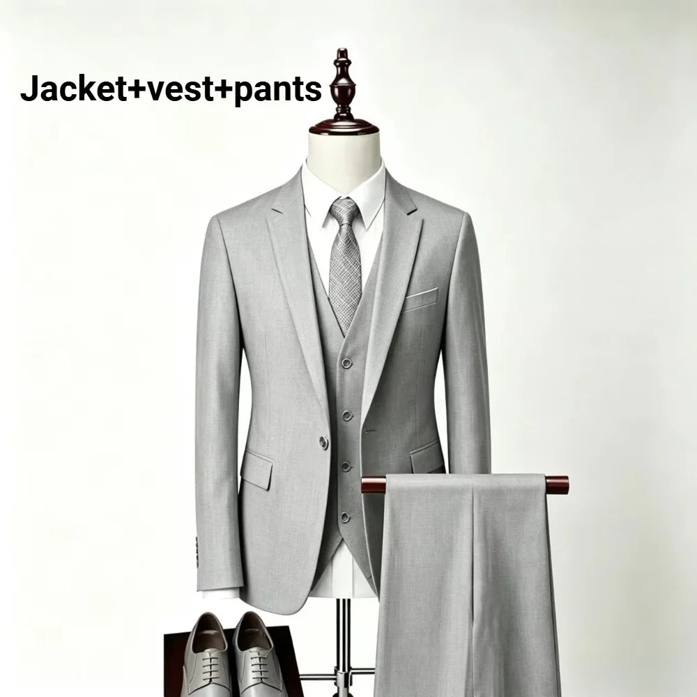 Men Slim Fit 3 Pieces Suit Set Lightweight Business Office Party Blazer Vest Pants Formal Male Tuxedo Suit For Prom Daily Wear