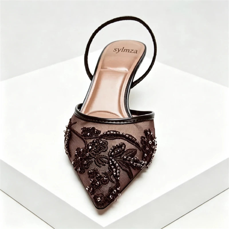 Brown String Bead Mesh Embroider Slingback High Heels Women Sexy Pointed Toe Heeled Sandals Summer Elegant Luxury Designer Shoes